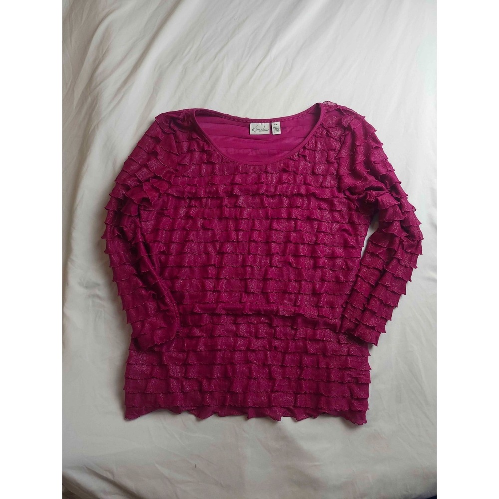 Kim Rogers Blouse Top Womens Size‎ PM Pink Glitter Tiered Ruffle Long Sleeves